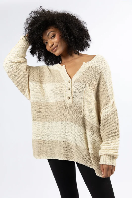 Know You Best Beige Oversized Striped Henley Sweater