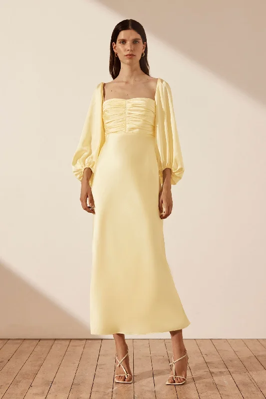 LUXE RUCHED BODICE LONG SLEEVE MIDI DRESS - LEMON