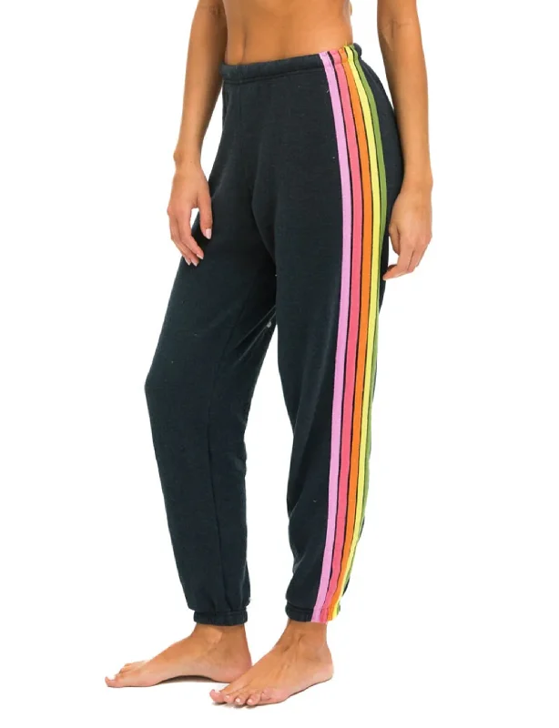 5 Stripe Womens Sweatpants, Charcoal/Pink Green