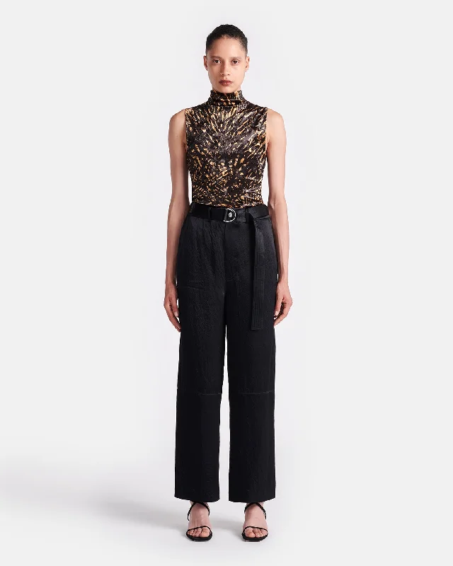 Husna - Belted Crinkled-Satin Pants - Black