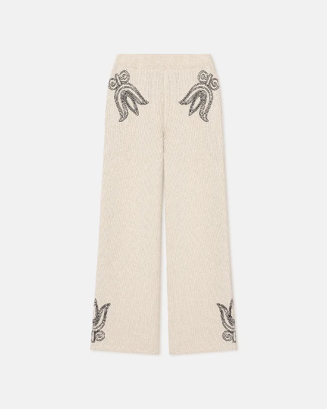 Emmie - Embroidered Textured-Linen Pants - Natural/Black