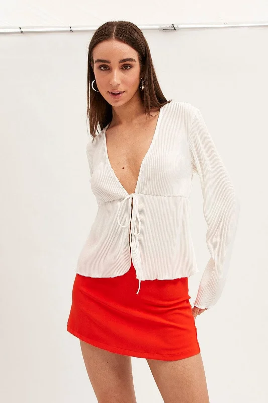 White Plisse Long Sleeve Tie Front Bolero